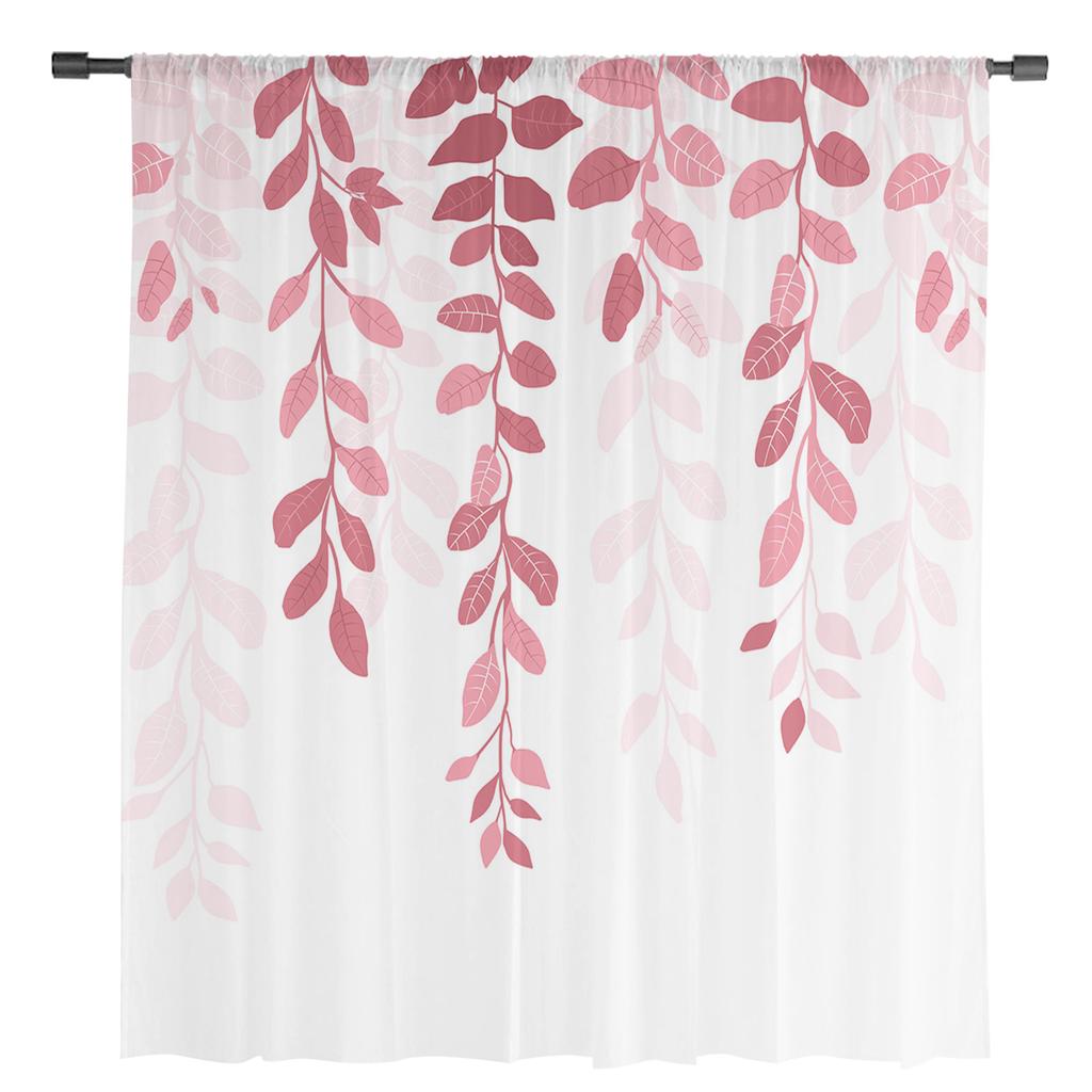 Leaf Plant Rural Style Agate Green Pink Gradient Sheer Window Curtain Tulle Curtains for Livingroom Home Decor Voile Drapes
