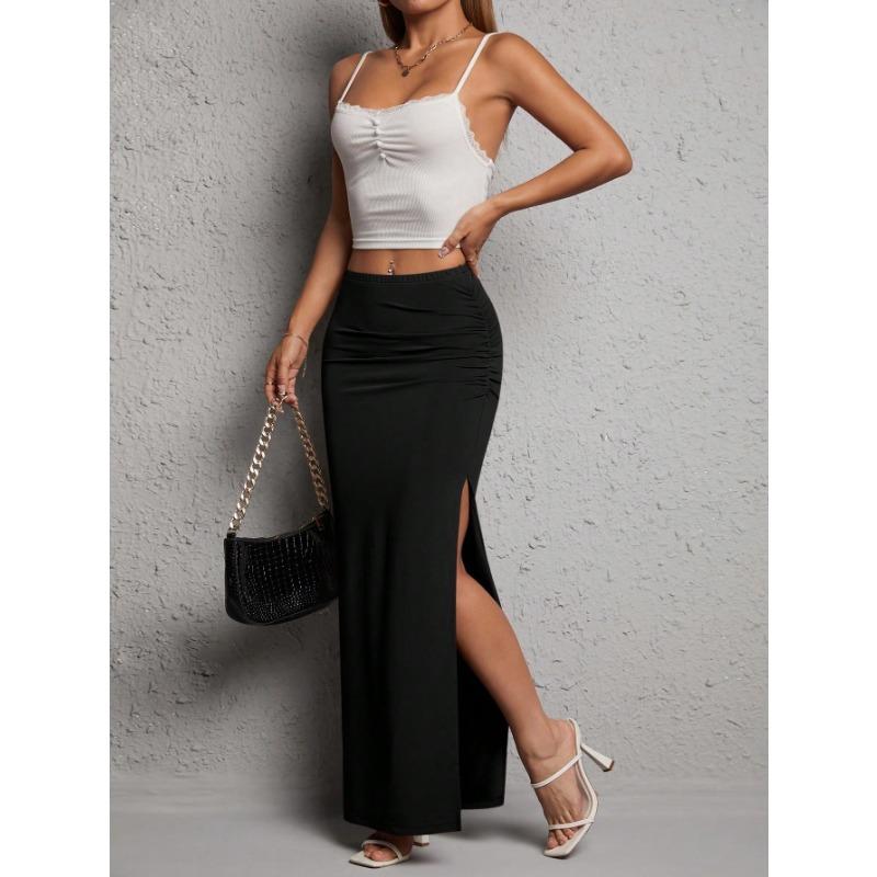 Women Solid Color Elegant Split Hip Wrap Long Casual Commute Pencil Skirt