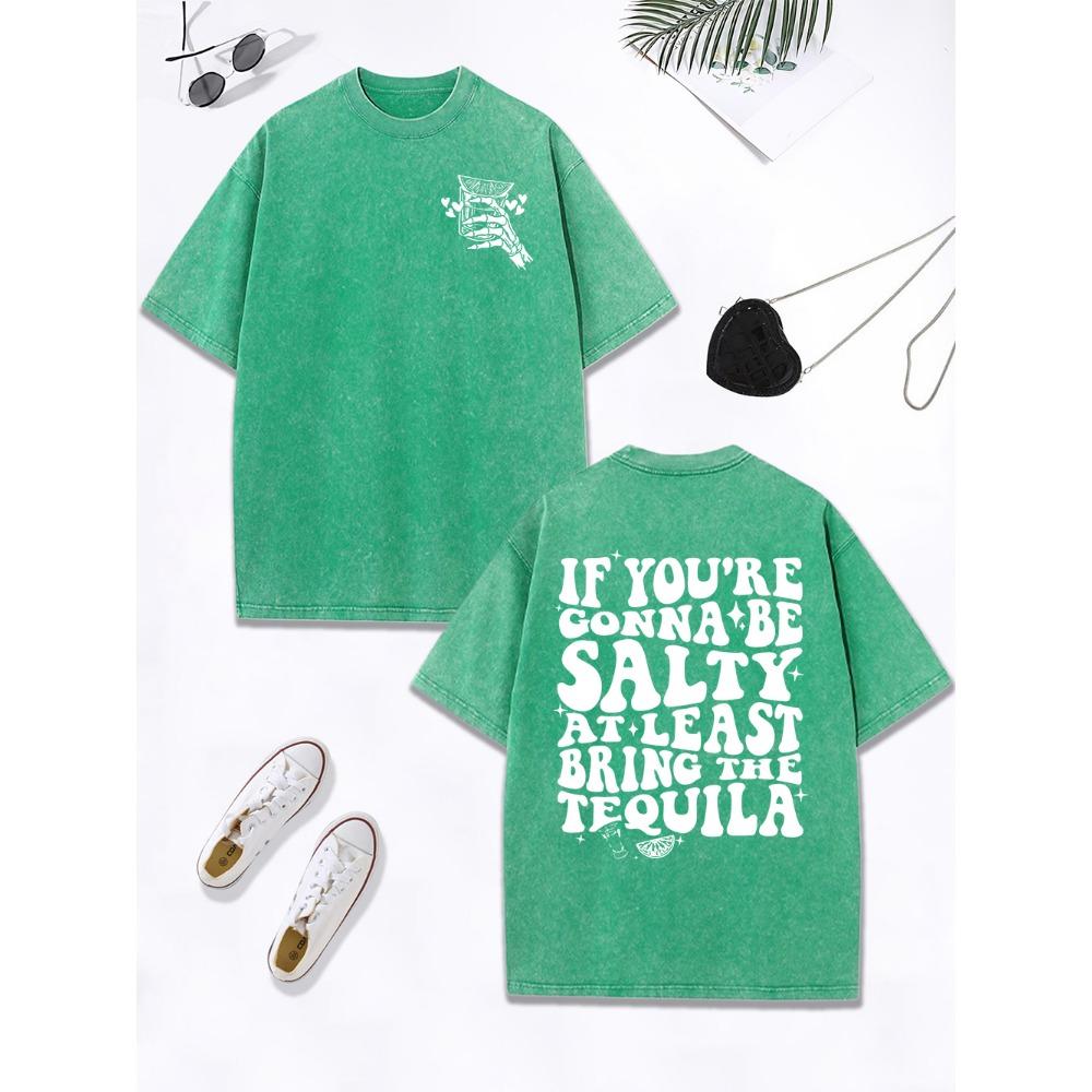 Least Bring The Tequila Prints Washed T-Shirt Women Cotton Oversize Tops O-Neck Distressed T Shirt Street Woman Clothes