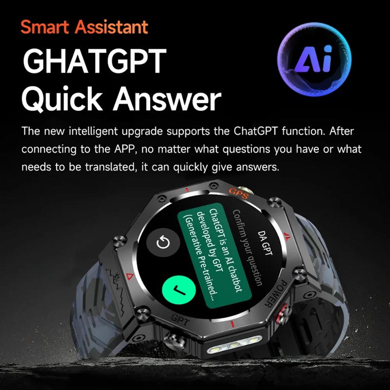 GPS Smart Watch ChatGPT AI 5ATM Waterproof Bluetooth Call Built-in Compass Altimeter Barometric Sport Watch with LED Flashlight