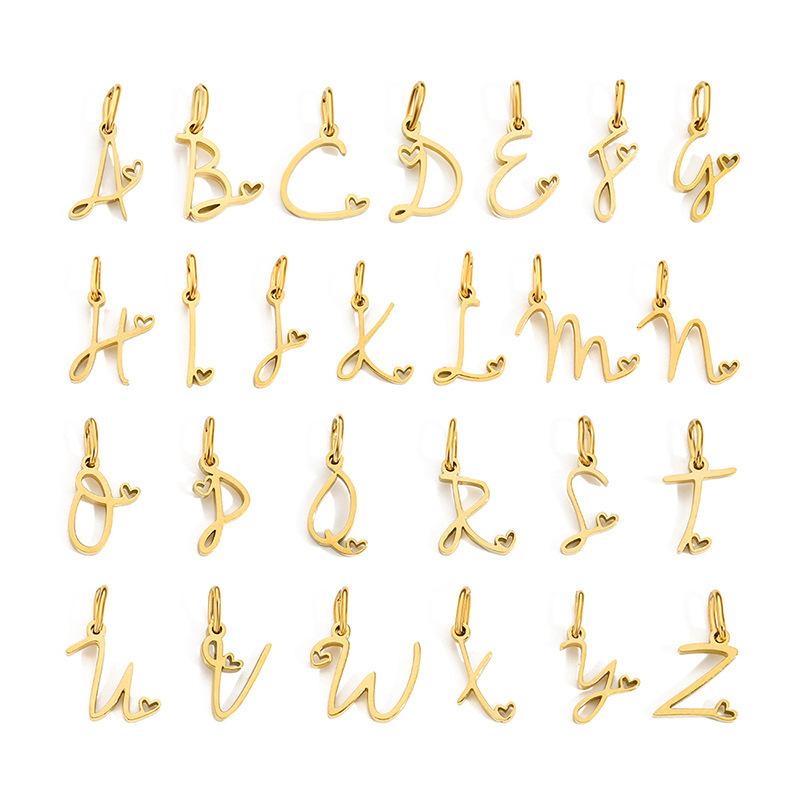 A-Z Alphabet 26 Letter Charms Set Heart Zircon Pearl Initial Letter Gold Plated Stainless Steel Pendants for DIY
