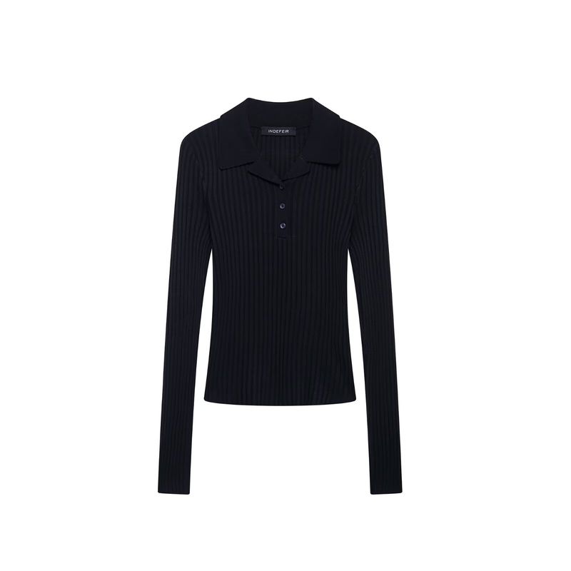 Kaslead New Arrival Women's Fashion Style Simple Lapel Long Sleeves Rib Knitting Polo Shirt 3471110