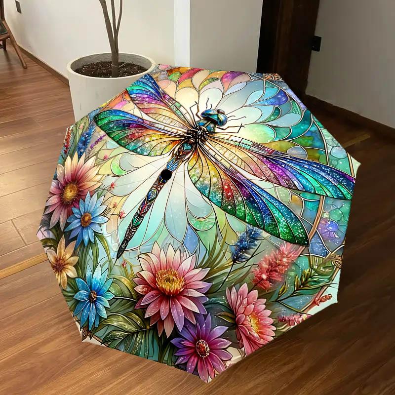 1PC Dragonfly Stained GlassAutomatic Open/Close Umbrella with Windproof, 8-Rib Sturdy Canopy, Durable Ribs, Fashionable Design, Outdoor Accessory, Fun