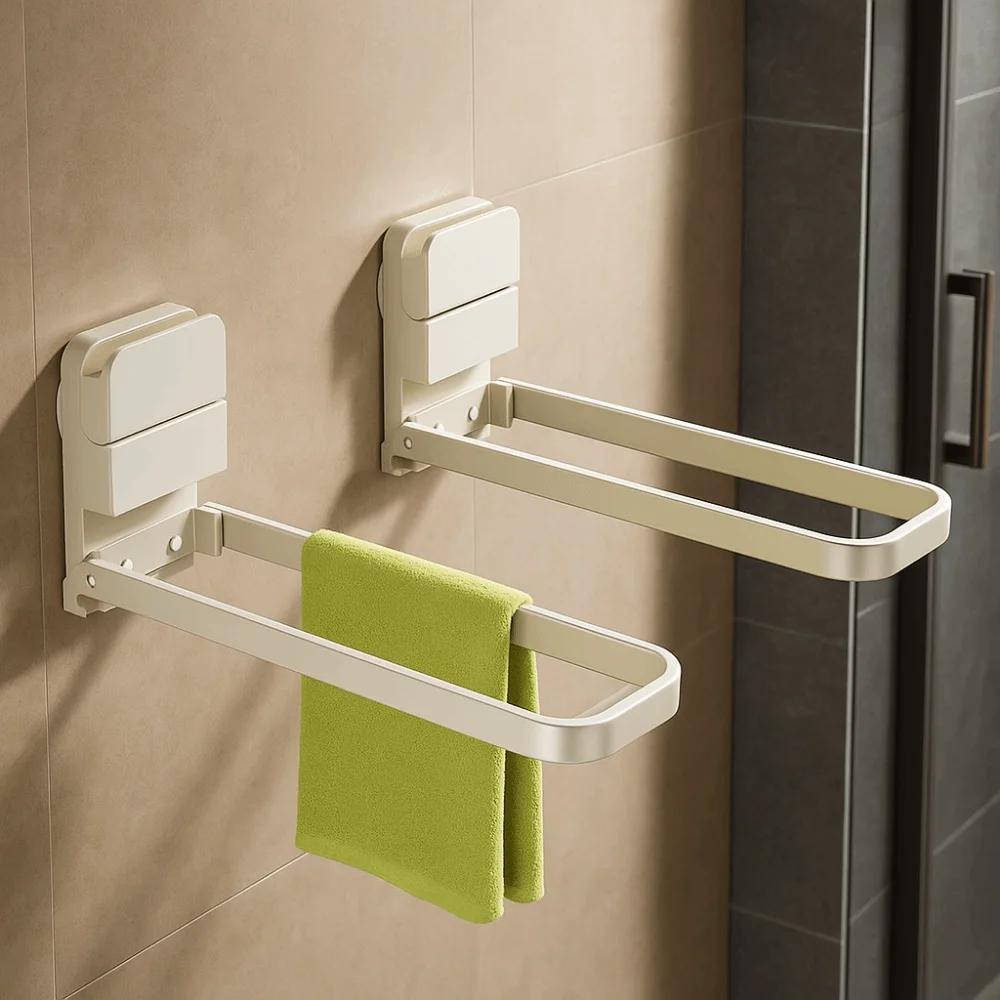 Carbon Steel Suction Cup Towel Rack, Damage-Free No Drill Folding Hanger with Easy Installation for Bathroom