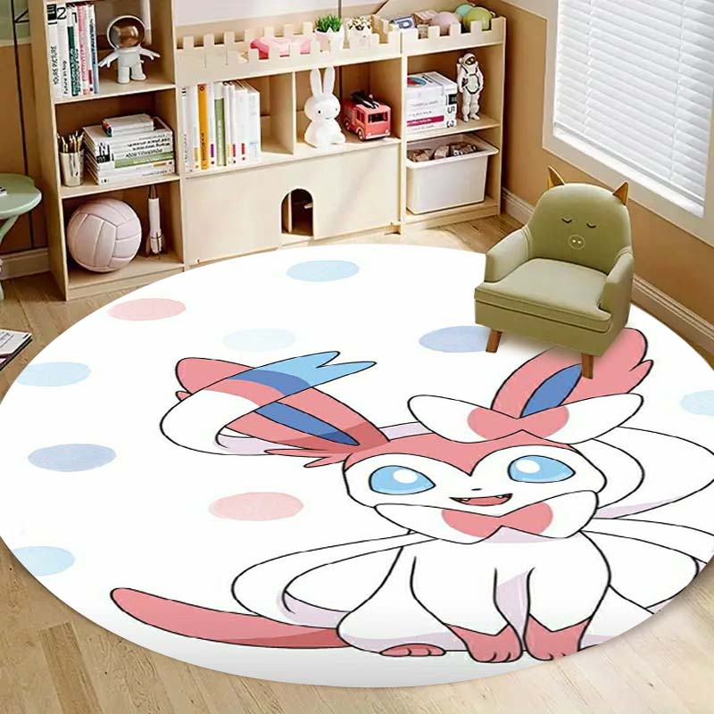 Kawaii Sylveon Theme Round Area Rug Pink Fairy Pattern Circular Rug Kids Girls Bedroom Gamer Room Decor