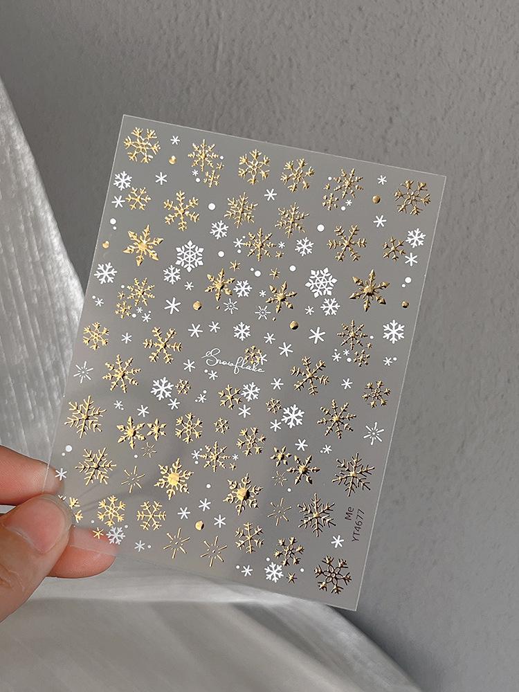 Переливающиеся 3D наклейки для ногтей в виде золотых и серебряных снежинок с клейкой основой