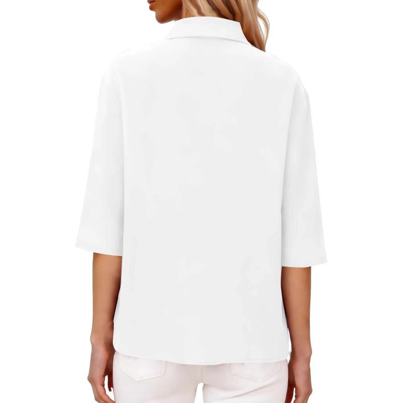 Summer New Women's Casual Tops Three-quarter Sleeve Solid Color Lapel Cotton and Linen Loose Shirt