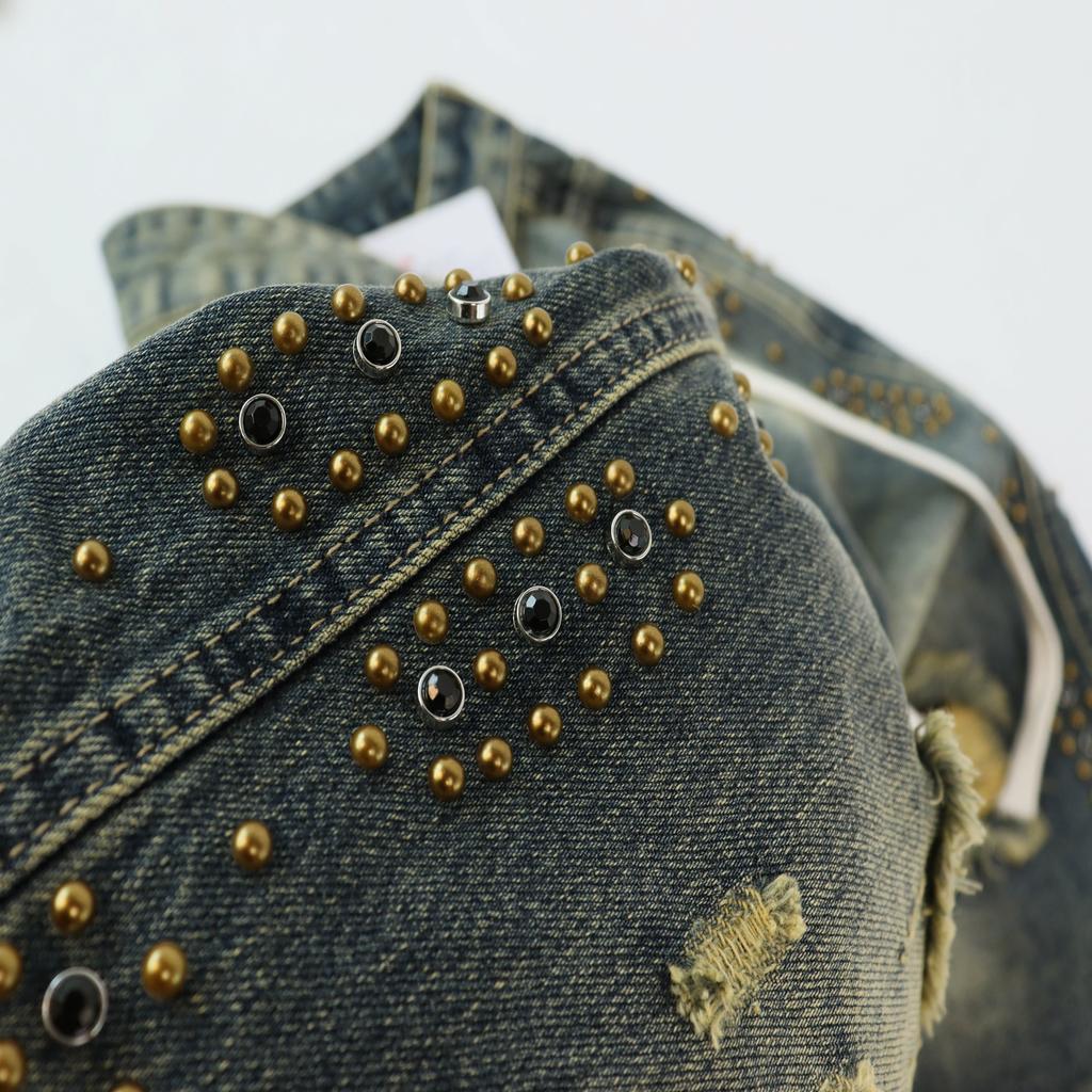 Men's Studded Distressed Denim Shorts, Camo Hem Drawstring Hip Hop Street Knee Length Shorts