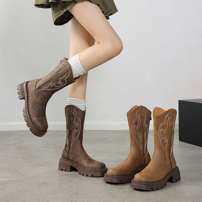 V-mouth knight boots thick-soled thin short boots children's 2025 new autumn brown embroidered retro western cowboy boots