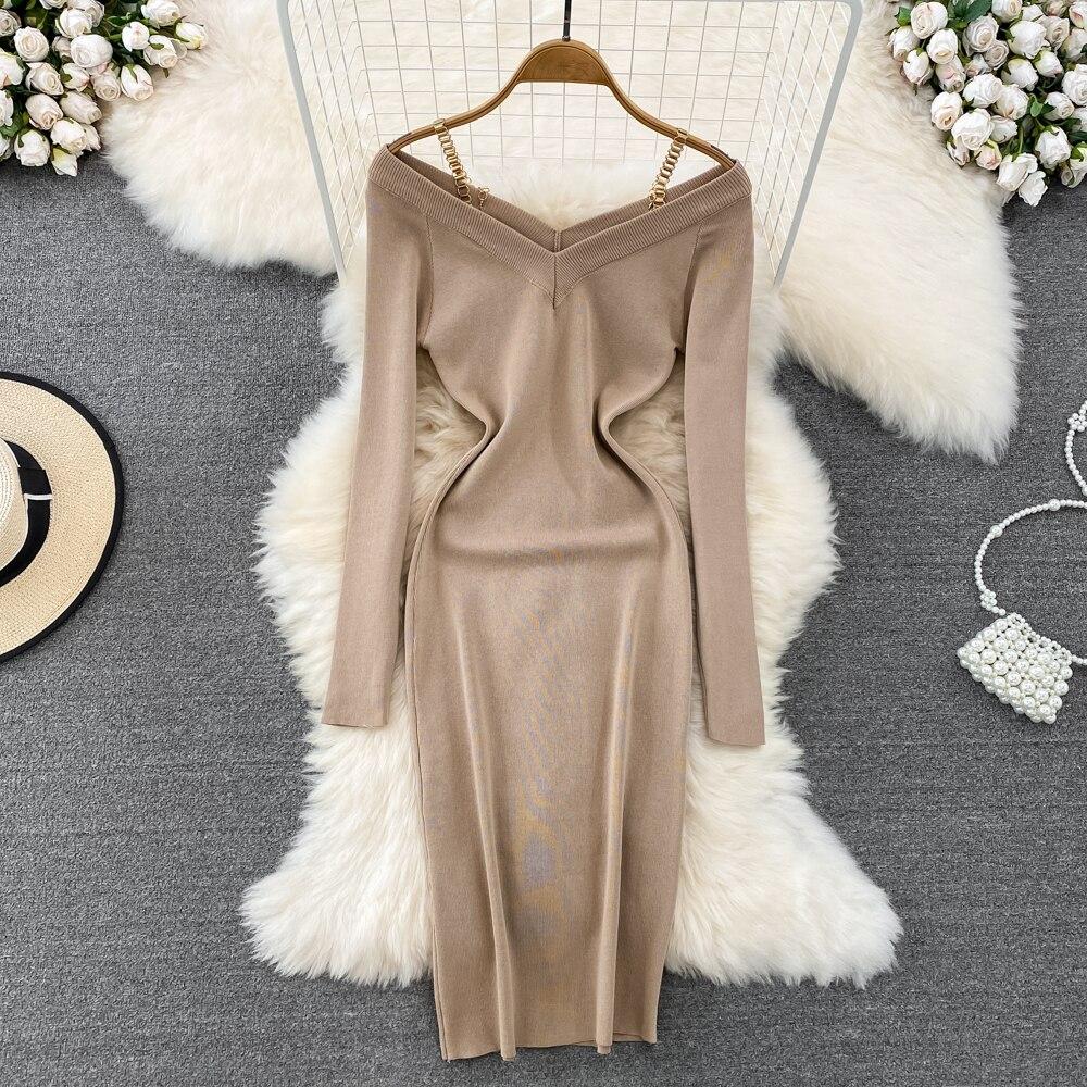 

Сукня жіноча в стилі ретро з V-подібним вирізом, халтер, з ефектом схуднення талії, з довгим рукавом, в язана нижня частина One Size