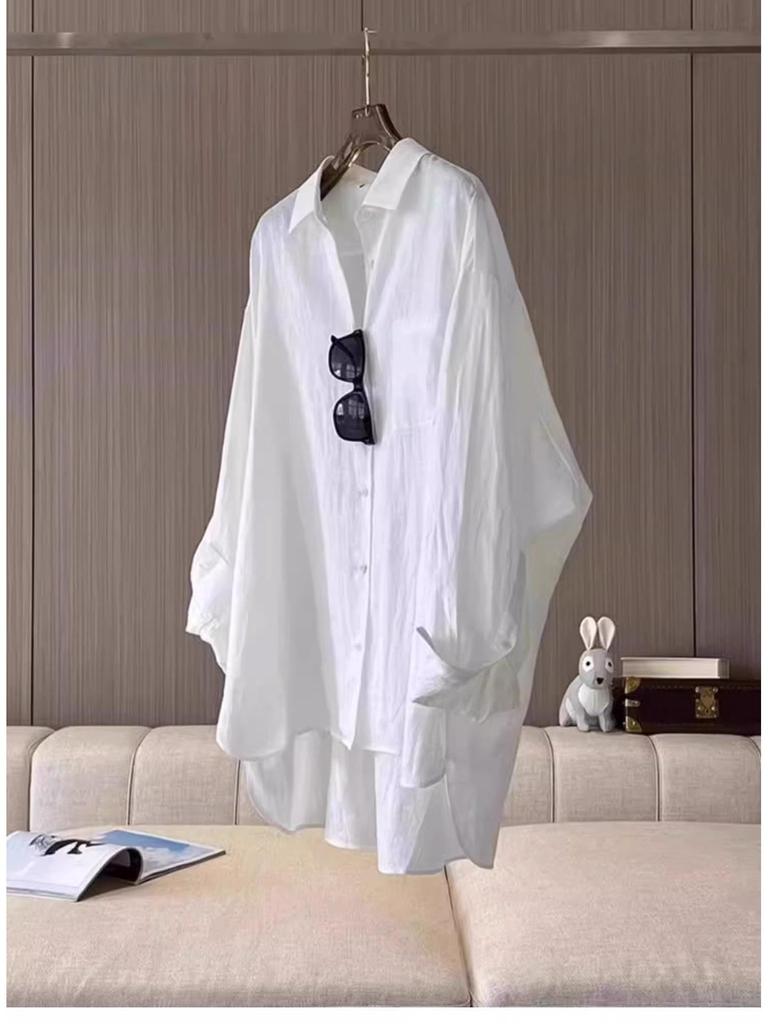 Women's French Style White Cotton Linen Long-Sleeve Summer Cardigan Shirt