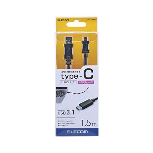 ELECOM USB Cable Type C (USB A to USB C) 1.5m USB3.1 Compliant 3A Output Max 5Gbps Black USB3-AC15BK