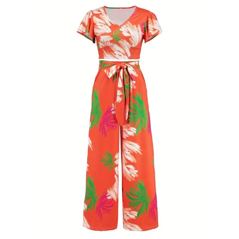 Boho Floral Print Two-piece Set, Flutter Sleeve Crop Top & Wide Leg Pants Outfits, Women's Clothing