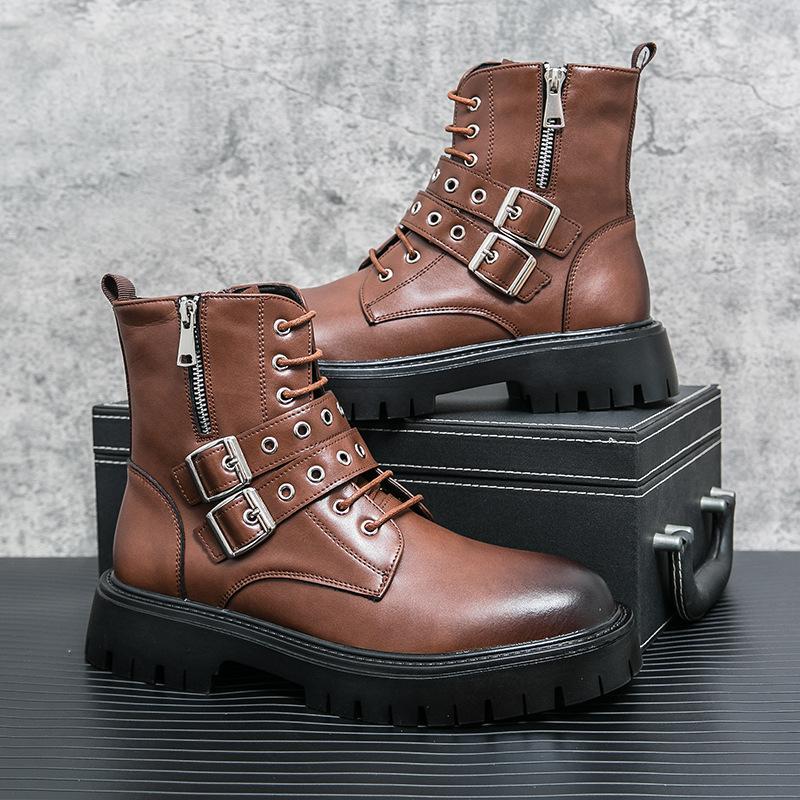 Fashion Men's Boots Large Size High Top Zipper Tooling Leather Boots High Quality Trend Belt Buckle Mens Shoes Botas Para Hombre