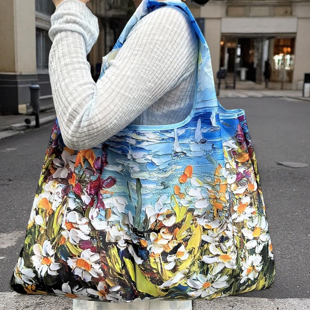 Large Foldable Shopping Bag Fashion Oil Painting Reusable Grocery Storage Bag Oxford Portable Shoulder Handbag Tote Bag