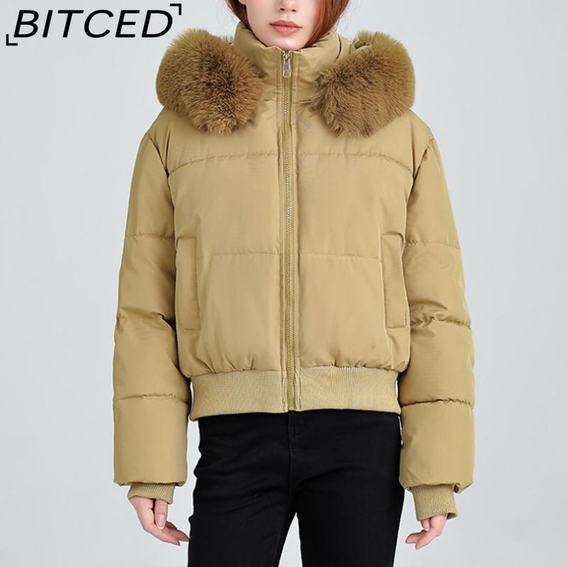 BITCED High-Waisted Oversized Fur-Trimmed Hooded Cropped Cotton Jacket for Women Autumn/Winter Down-Filled Cotton Jacket Slim-Fit Jacket Outerwear