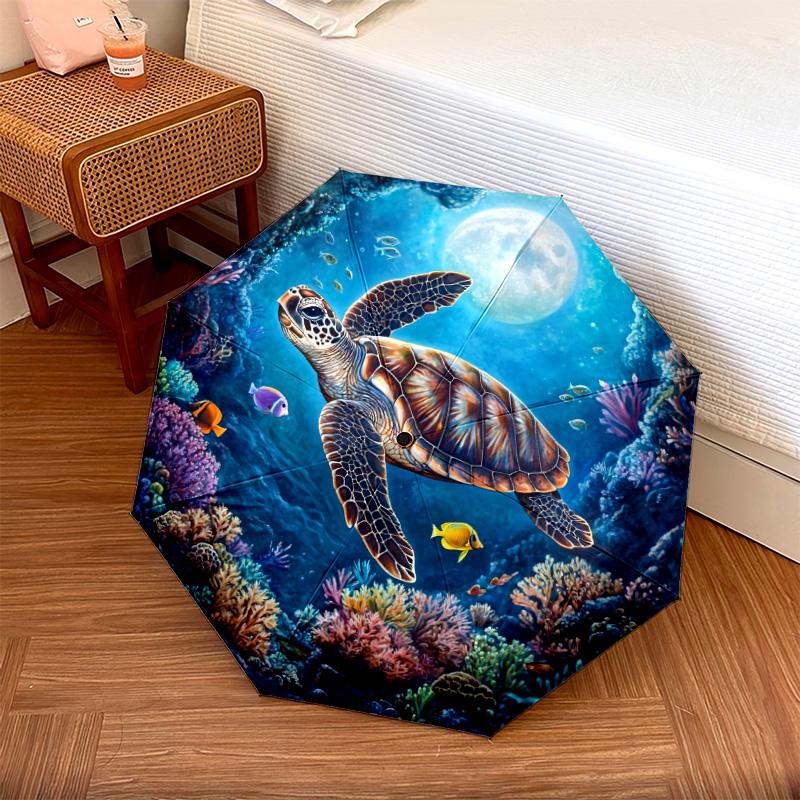 Sea Turtle Pattern, Automatic Folding Umbrella, Portable and Foldable Design, 8 Ribs, a Christmas or Birthday Gift.
