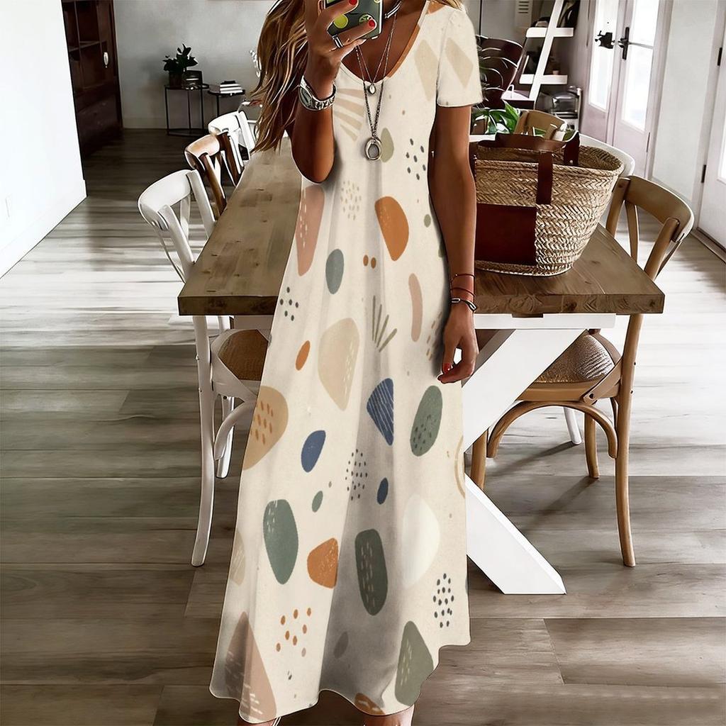 Women Plus Size V Neck Short Sleeve Printed Straight Maxi Dress