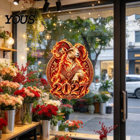 Decorative Glass Stickers 2027 New Year Flame Goat Static Sticker, PVC Ram Window Cling for Home and Store Decoration, Clings Russian Red