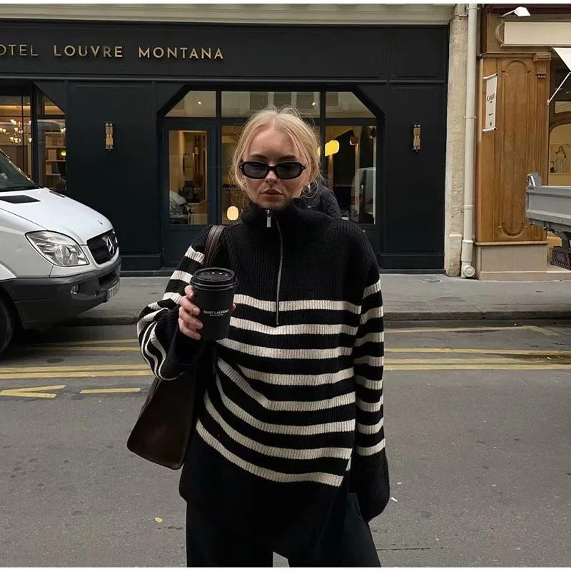 

Модный однотонный слак ретро с лацканами, пуловер на молнии, свободный повседневный полосатый вязаный свитер S чёрный