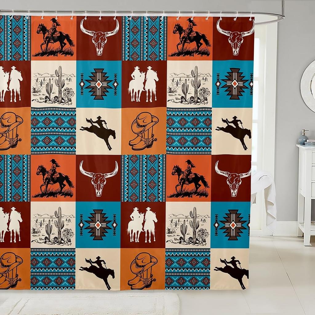 Southwest Shower Curtain, Geometric Aztec Tribal Pattern Bathroom Curtain Vintage Striped Western Waterproof for Kids Girls