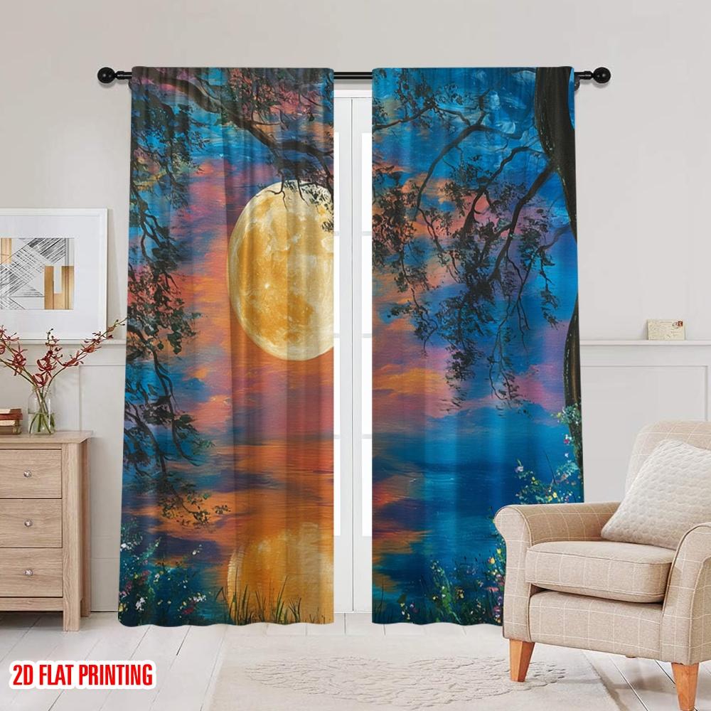 2pcs,2D Plane Printing Contemporary Curtains Moonlit Canvas Polyester (without Rod) Festive Use for Kitchen Living Room Office