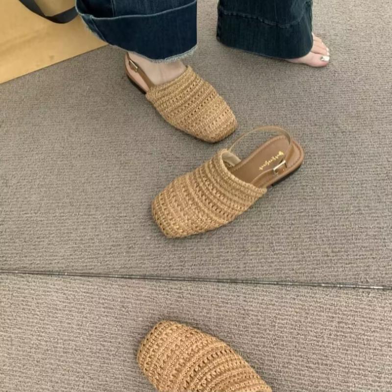 Fashion 2025 Summer New Block Heel Shallow Mouth Straw Bao Tou Back Empty Sandals Women's Shoes One Strap Low Heel Shoes