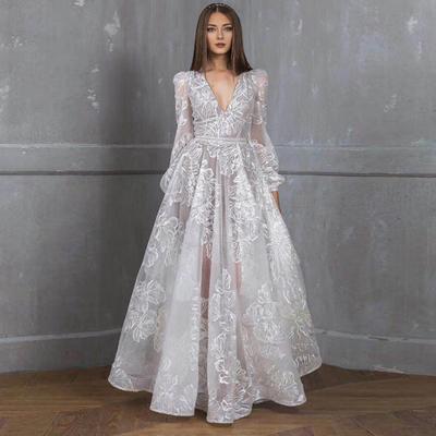 Damen Abendkleid Tiefem V-Ausschnitt Spitze Blumen Besticktes Maxikleid A-Linie