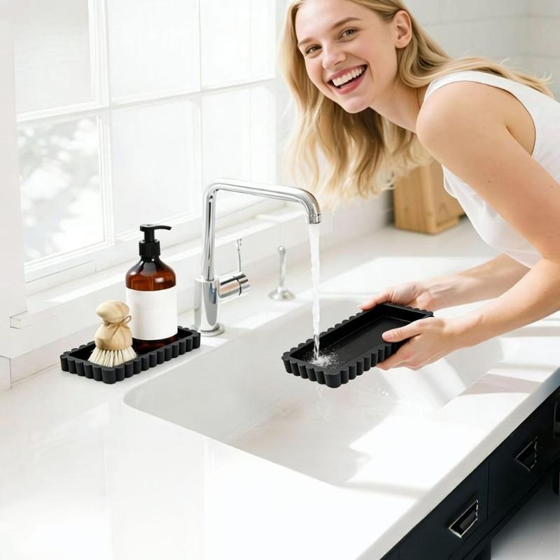 Sink-Side Tray for Bathroom or Kitchen Counter, Freestanding Catchall with Raised Scalloped Border for Soap and Bottles