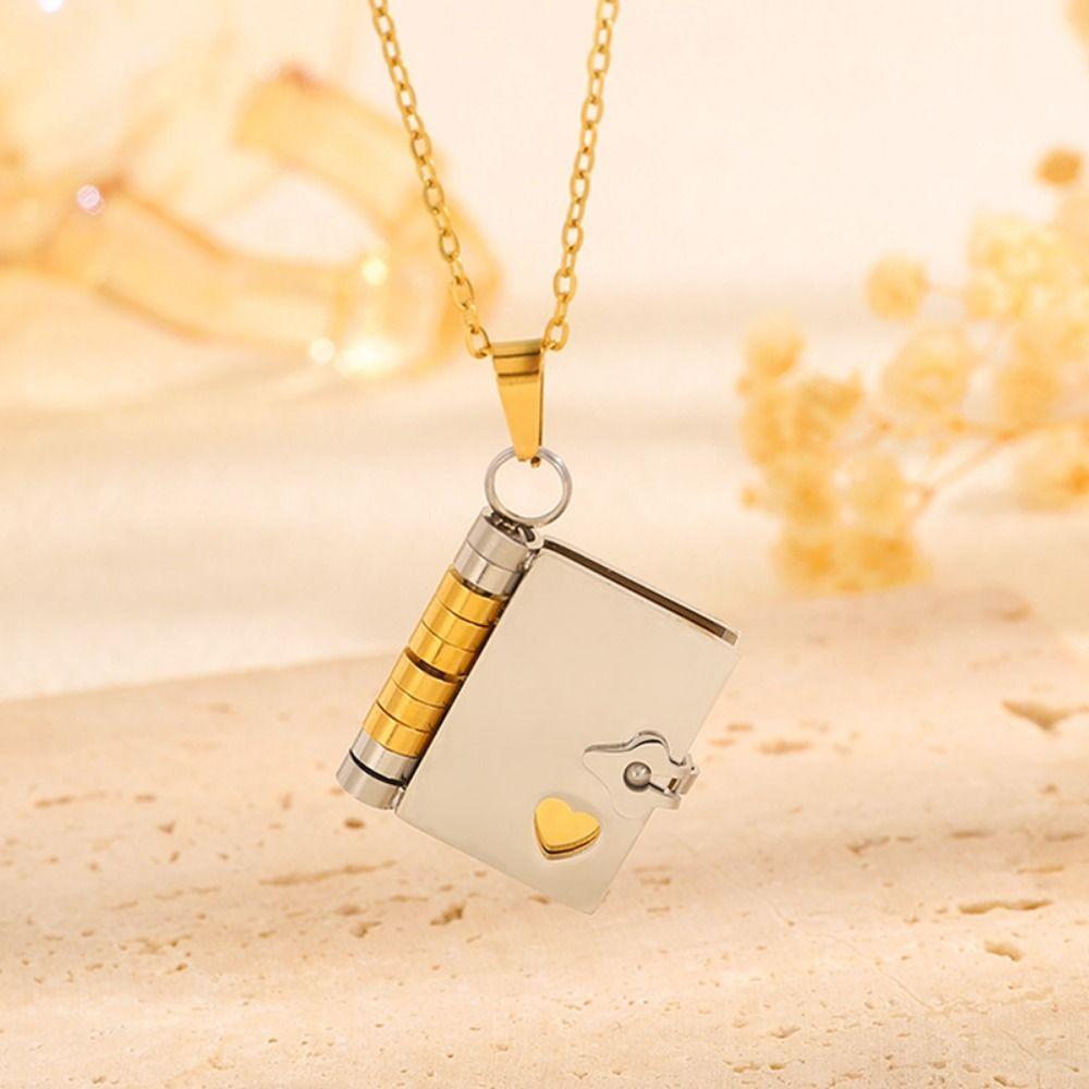 Metal Book Pendant Necklace Openable Lovers Choker Necklace Fashion Women's Sweater Chain  Girls