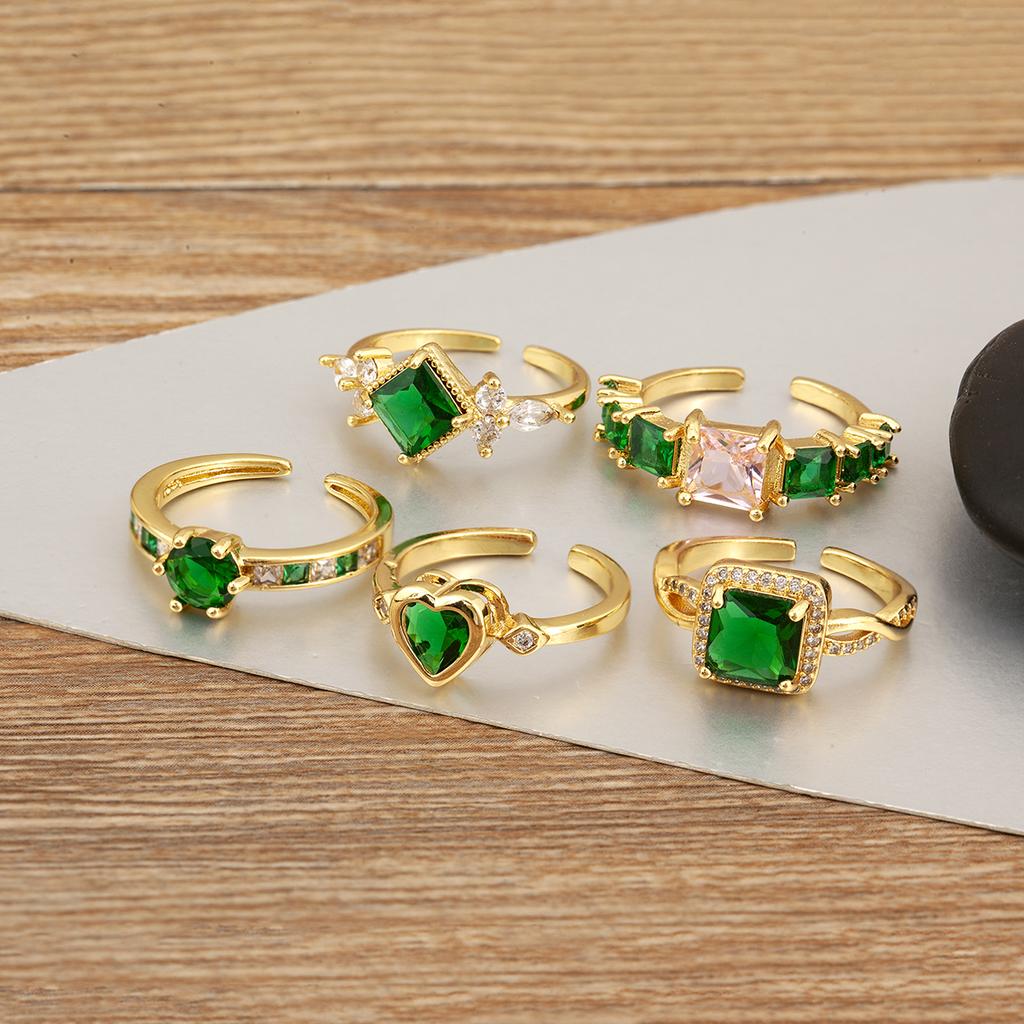 Nidin New Fashion Round/Heart/Square Shape Charm Open Rings For Female Green Crystal Zircon Adjustable Fine Finger Jewelry Gift