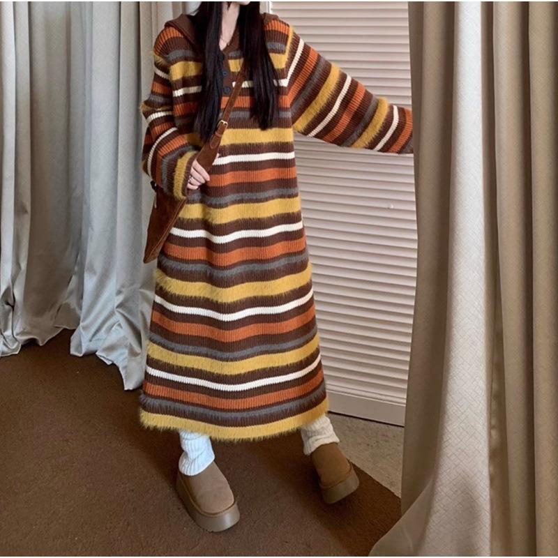 Hooded long sweater women's contrasting stripes straight knit temperament soft waxy lazy style retro dress women