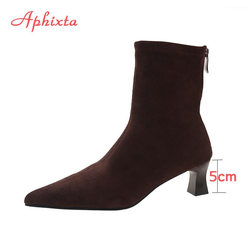 Fashion Aphixta Soft Stretch Fabric Women Ankle Boots Leopard Print Modern Boots 5cm Spike Heels Shoes Woman Boats Botines Para Mujeres