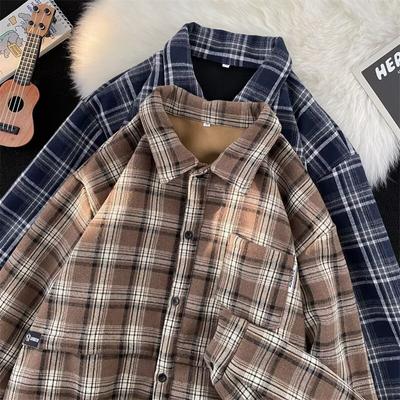 Japanese-Style Retro Cityboy Velvet Padded Shirt Autumn and Winter Boys' College Style Thickened Couple Warm Plaid Shirt