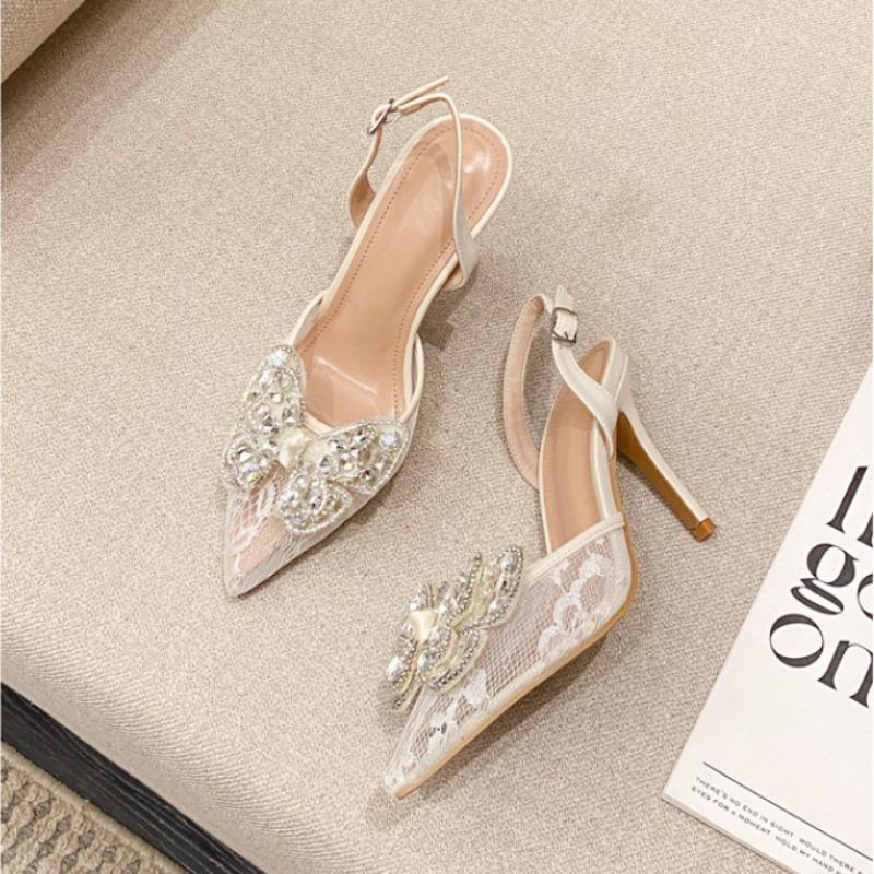 Fashion Luxury Pointed Toe Rhinestone Butterfly-Knot High Heels Sandals Sexy Mesh Buckle Strap Slingback Wedding Bridal Shoes Women