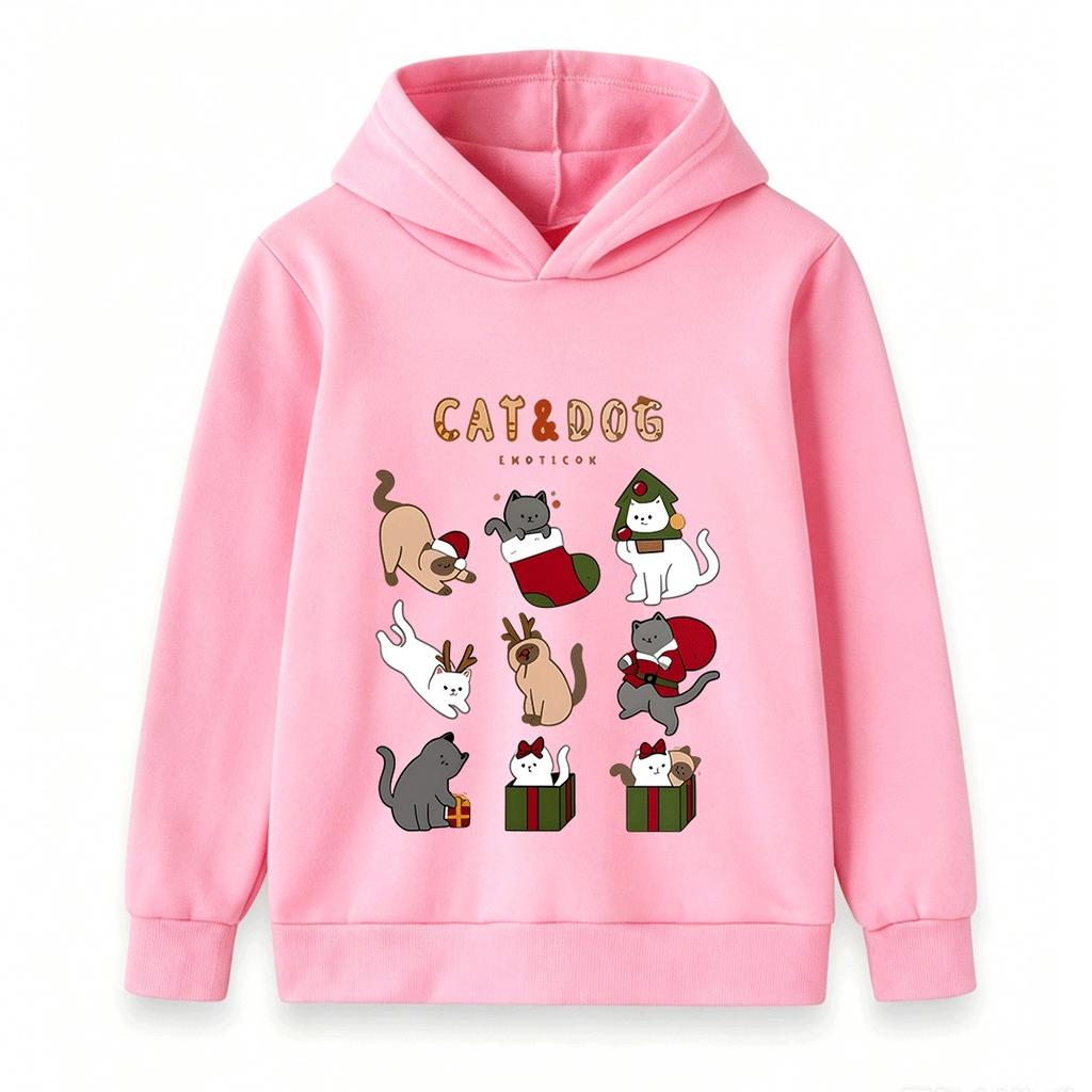 Kids Boys Girls Christmas Cat Cartoon Print Hoodie, Casual Long Sleeve Pullover Sweatshirt for Holiday Daily Wear