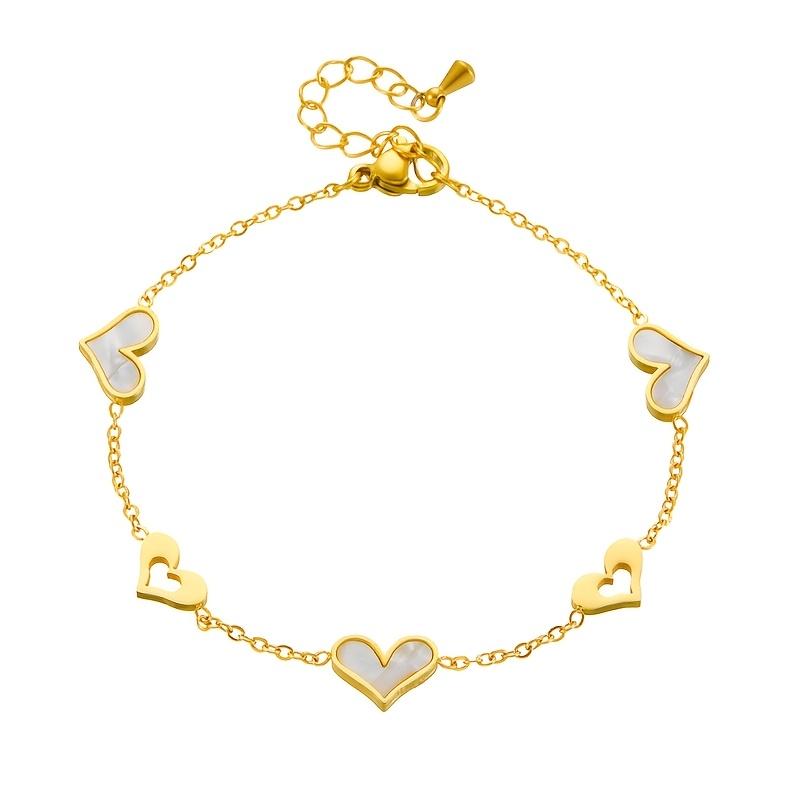 Gold Tone White Shell Heart Charm Bracelet – Dainty Stainless Steel Romantic Jewelry for Women, Adjustable Love Gift