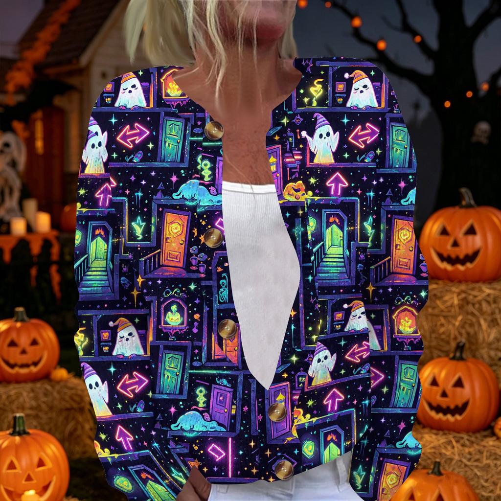Womens Halloween Print Long Sleeve Knit Cardigan Button Up Sweater Coat Lightweight Casual Outerwear for Fall and Winter