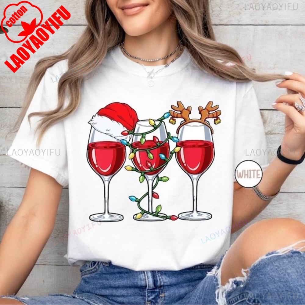 Christmas Party Shirt Women Wine Glasses TShirt Wine Lover Christmas Gift Tee Simple Casual Festival Clothing Cotton Tee Tops