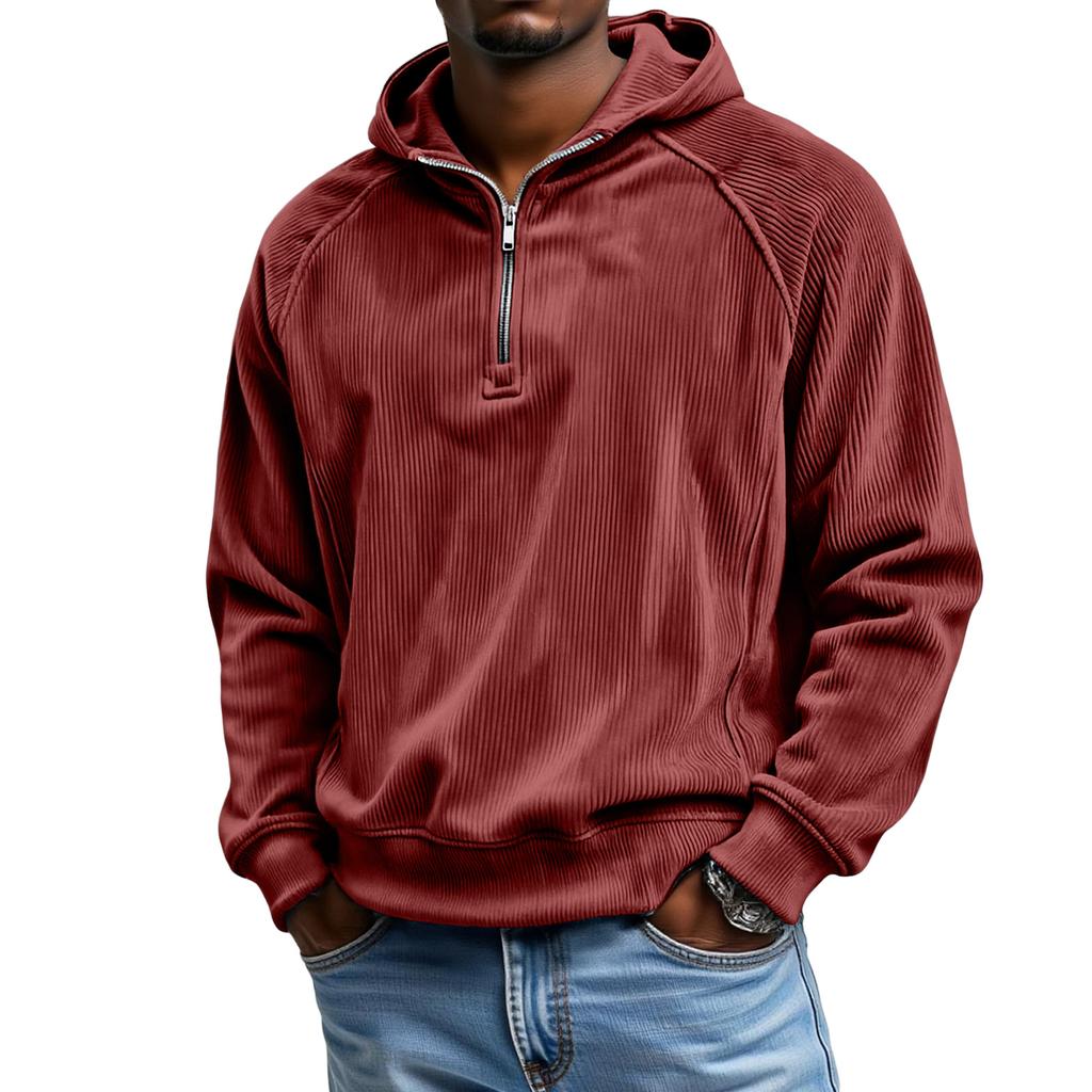 Men's  Leisure  Corduroy  Shoulder  Insertion  Half   Zipper  Hooded  Hood  Hoodie