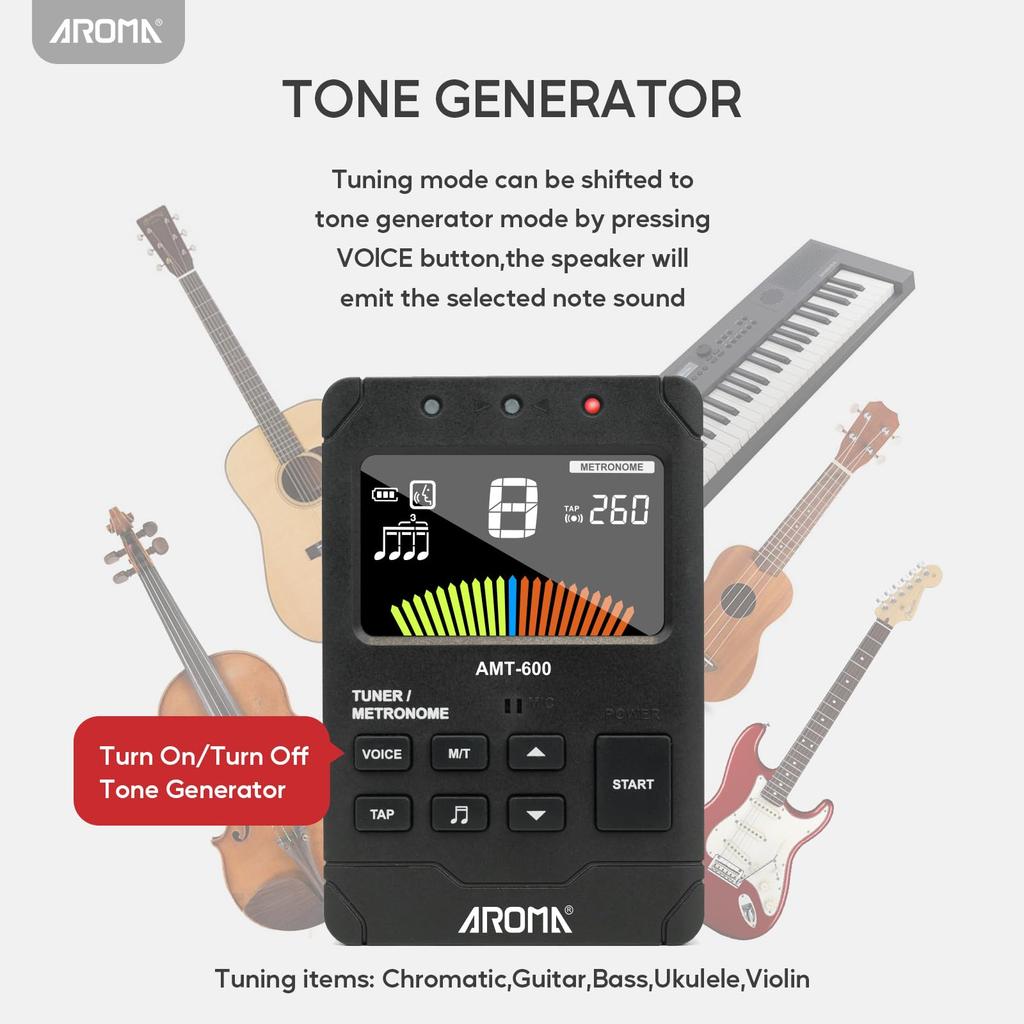 Aroma 3-in-1 Metronome, Tuner, and Tone Generator with Rechargeable Voice Count for Fast, High-Precision Tuning of All Instruments, Guitar, Piano,