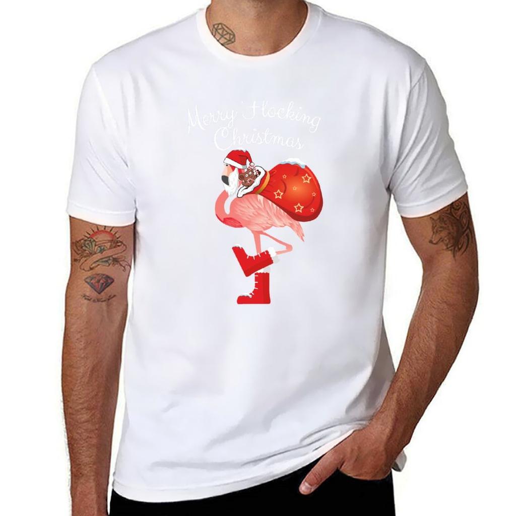 Santa Flamingo Merry Flocking Christmas Humor Quote Pink Bird With Bag Of Gifts TShirt