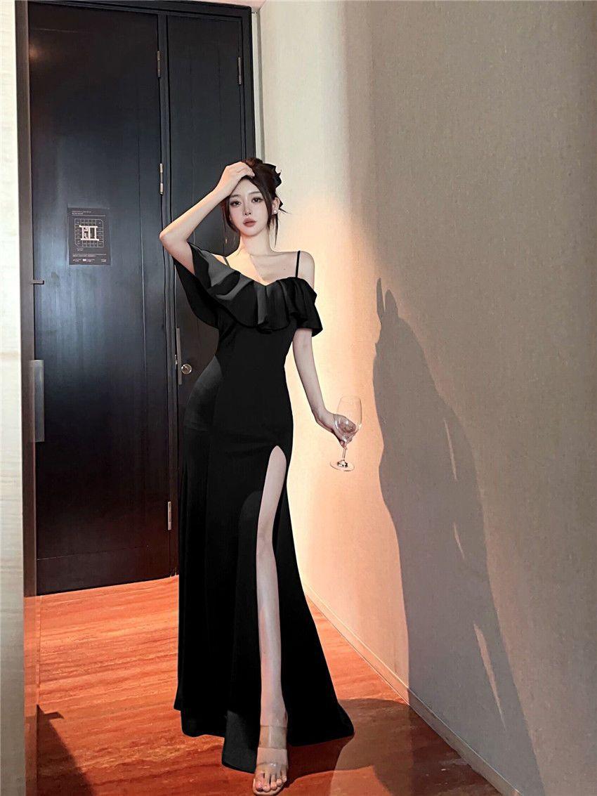 High-end niche light luxury one-word shoulder evening dress women s new high-end sexy banquet slim and thin dress S