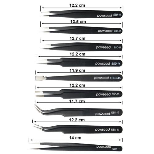 Powseed 9-Piece Precision Tweezers Set, ESD Shielding, Anti-Static, Stainless Steel, Electrolytic, Rust-Resistant, Black Coated, for Precision Machine