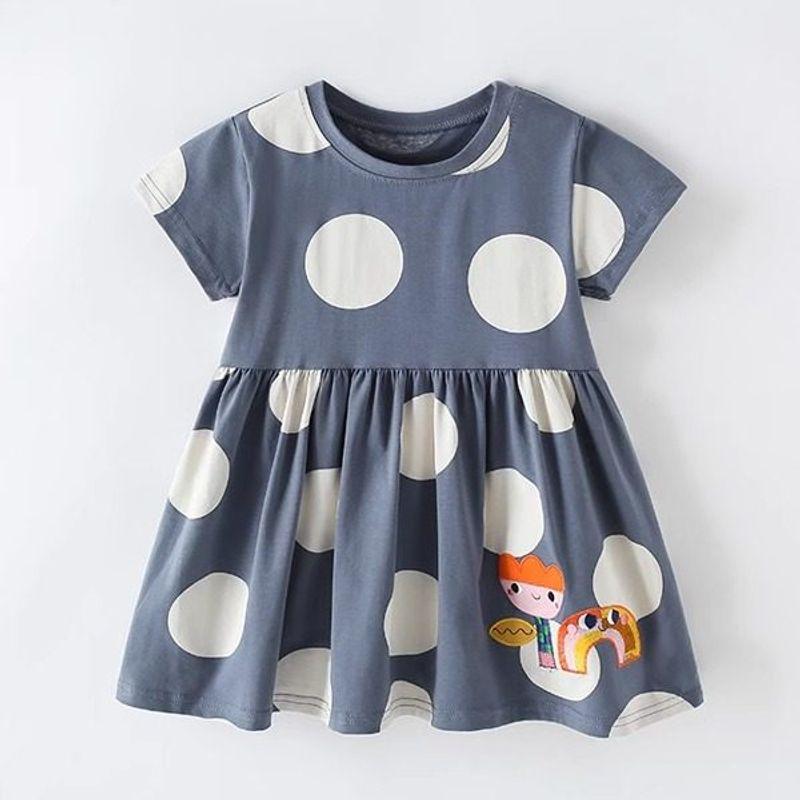 British Style Girls  Dress Summer New Children s Short-Sleeved Dress Cartoon Polka Dot Baby Knitted Dress Beach Dress Blue Polka Dots 100