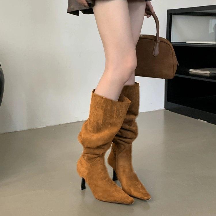 Elastische Samt-High-Heel-Langschaftstiefel für Damen, Spitz zulaufend, dicker Absatz, Französische elastische Stiefel für Damen