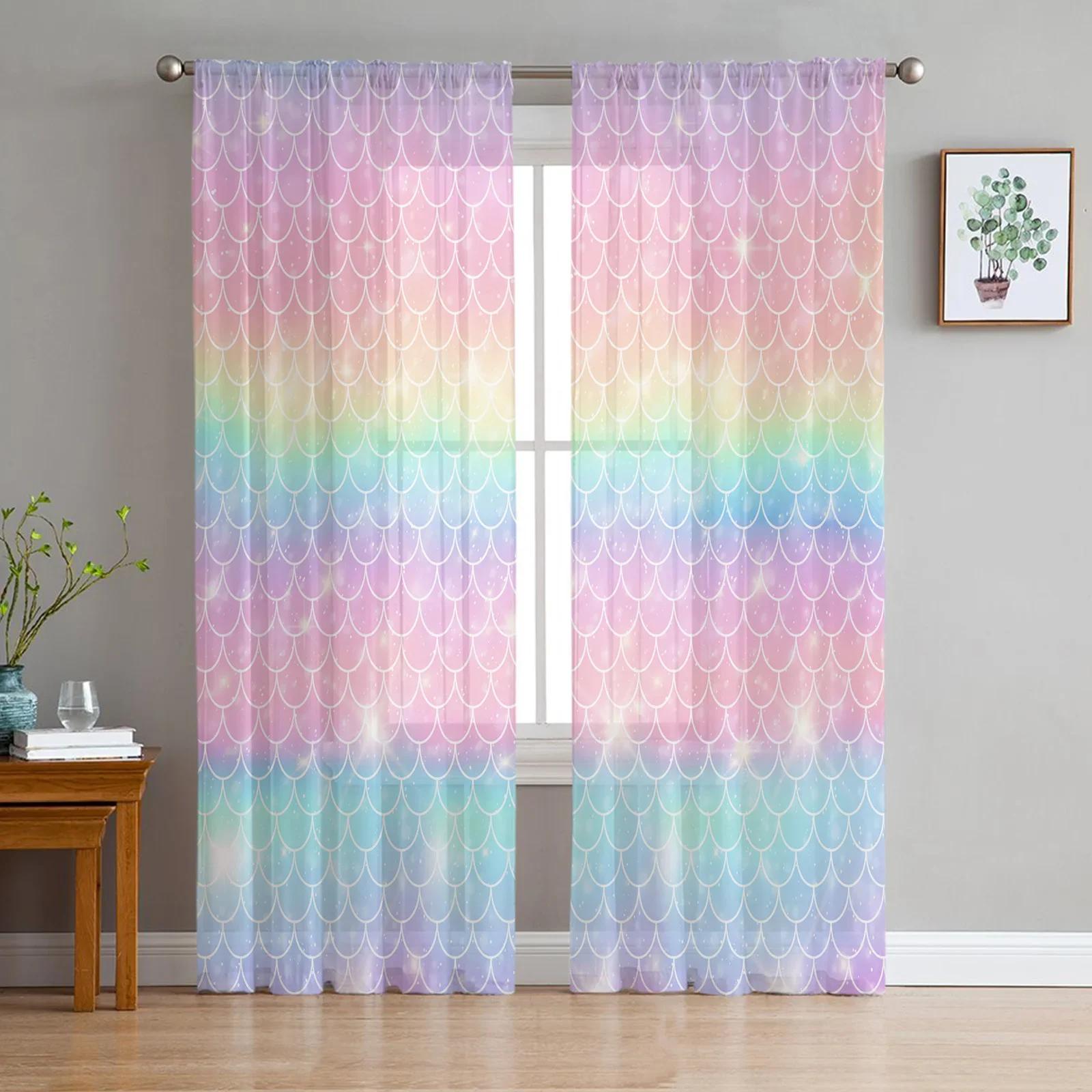 

Mermaid Scales Ocean Rainbow Transparent Curtains for Bed Chamber Living Room Ornamentation Window Panel Curtain Cooking Area Tulle Voile Organza W135 x H115cm x1&Rod Pocket