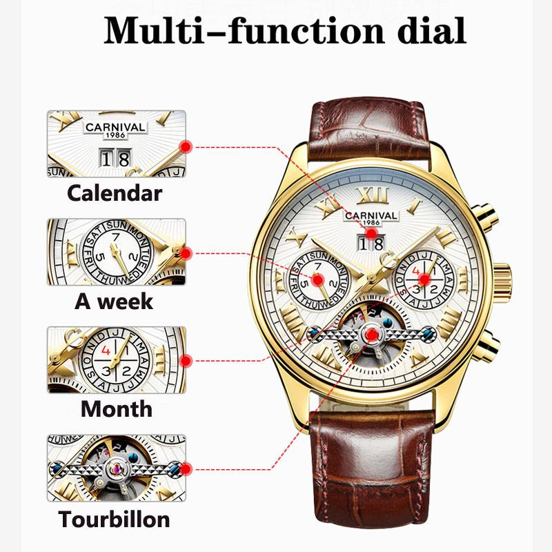CARNIVAL Stainless Steel Automatic Mechanical Watch Mens Top Luxury Brand Tourbillon Sports Luminous Date Men Watches