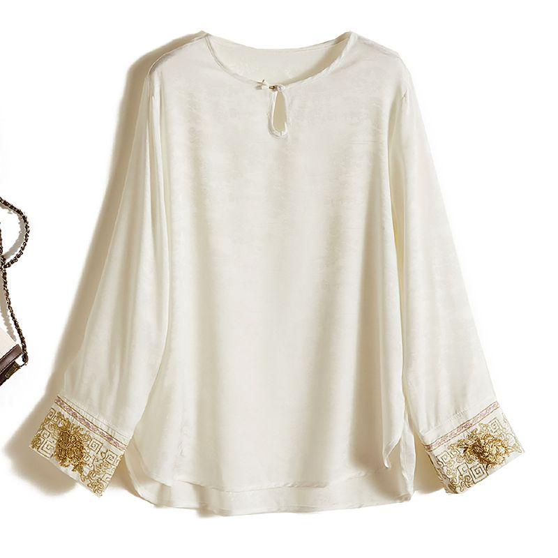 

Фактический продукт лучше ~ Художественная вышивка уровня пенни Женская рубашка с длинным рукавом и круглым вырезом из поплинового шелка с темным узором Футболка на четыре сезона White 4XL