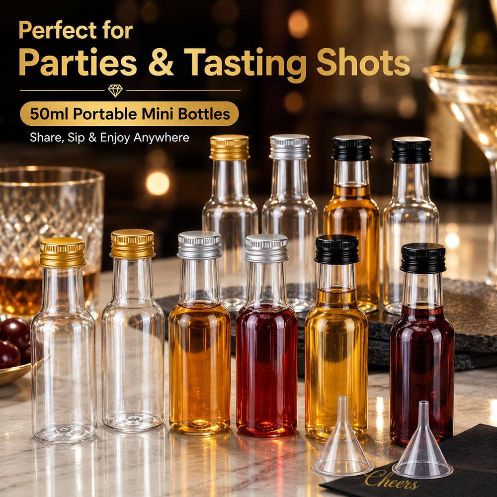10PCS Mini Liquor Bottles 50ml Plastic Spirit Bottles Silver/ Gold/ Black Caps Alcohol Shot Bottles